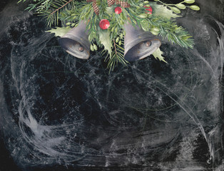 Christmas floral decor with bells and chalkboard. Watercolor holiday background.