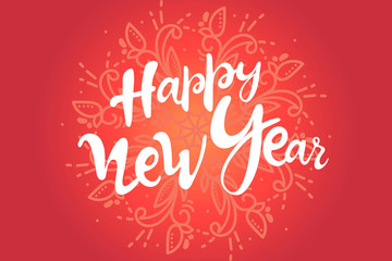lettering Happy New Year. 2020 postcard with calligraphy text. hand drawing. white background red gray. isolated