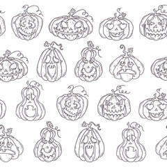 Hand drawn vector pattern with Halloween pumpkins.