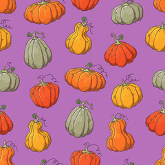 Hand drawn vector pattern with Halloween pumpkins.