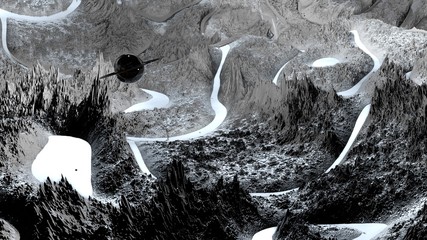 3d render of abstract planet surface. Very detailed sci fi or science fiction background in greyscale like moon landscape with 3d objects. Сosmic surface of the planet 243