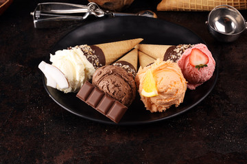 Ice cream. Set of ice cream scoops of different colors and flavours