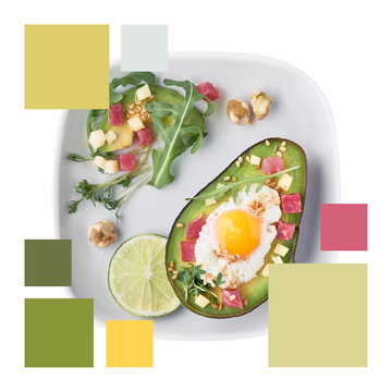Trendy color matching palette from image of Avocado boat baked with ham, egg and cheese