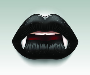 Black female lips with fangs, vampire, woman vamp, teeth. Festive poster, abstract background. 3D effect. Vector illustration. EPS10