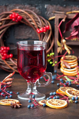 Autumn drinks concept. Mulled wine, cider or punch. Traditional autumn spicy cocktail