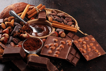 Chocolate bar pieces and melting swirl cocoa. Sweet food photo concept. The chunks of broken chocolate on table