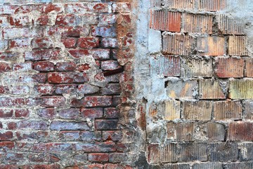 Detailed view on very old weathered brick walls in a grunge vintage look in high resolution