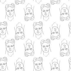 Modern seamless pattern with linear abstract woman face. Continuous line art. One line drawing. Minimalist graphic.
