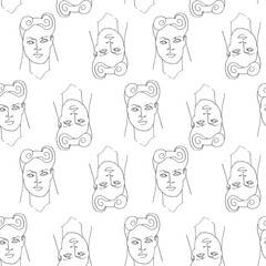 Modern seamless pattern with linear abstract woman face. Continuous line art. One line drawing. Minimalist graphic.