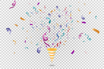 Lots of colorful tiny confetti and ribbons on transparent background. Festive event and party. Cone with confetti. Colorful bright confetti isolated on transparent background.