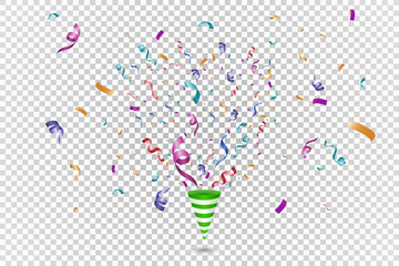 Lots of colorful tiny confetti and ribbons on transparent background. Festive event and party. Cone with confetti. Colorful bright confetti isolated on transparent background.