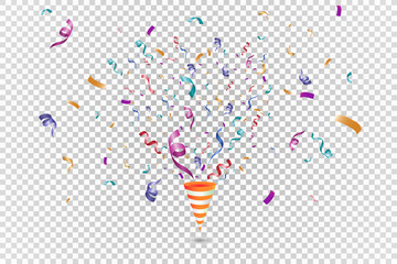 Lots of colorful tiny confetti and ribbons on transparent background. Festive event and party. Cone with confetti. Colorful bright confetti isolated on transparent background.