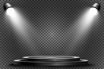 Round podium, pedestal or platform, illuminated by spotlights in the background. Vector illustration. Bright light. Light from above. Advertising place