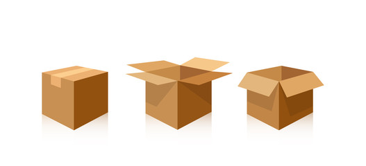 Carton boxes. Open and closed packaging made of brown cardboard paper. Vector graphics