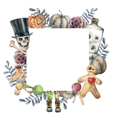Watercolor halloween card with skull and cookie. Hand painted holiday template with pumpkins, leaves and bottle with eyes isolated on white background. Illustration for design, print or background.