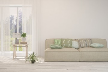 Stylish room in white color with sofa. Scandinavian interior design. 3D illustration