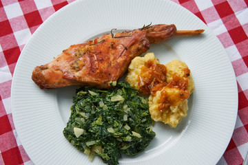 Roasted rabbit leg, marinated in garlic and rosemary served with spinach, chopped onion and potato dumplings on white plate. Simple and traditional dish of Czech cuisine for healthy and low fat diet.