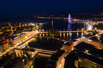 Aerial  night view of Geneva city water fountain in Switzerland