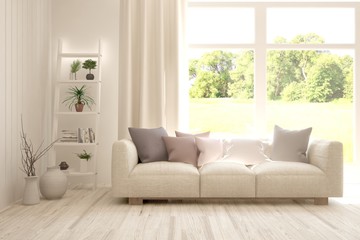 Stylish room in white color with sofa and summer landscape in window. Scandinavian interior design. 3D illustration