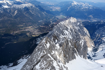Mountain ridge and view over the valley of Garmisch Patenkirchen in the Bavarian Alps in Germany