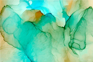Turquoise and yellow watercolor vector texture. Alcohol ink art.