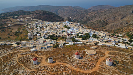 Aerial drone panoramic photo of picturesque main village or chora and castle of Amorgos island...