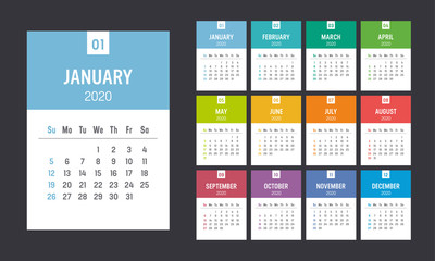 Colorful 2020 vertical monthly calendar. Week starts Sunday. Vector template. - obrazy, fototapety, plakaty