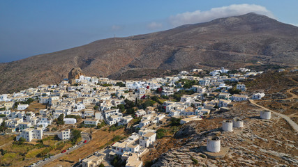 Aerial drone panoramic photo of picturesque main village or chora and castle of Amorgos island...