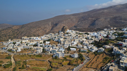 Aerial drone panoramic photo of picturesque main village or chora and castle of Amorgos island...
