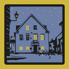 Fototapeta premium A blue, light blue, yellow and black image of an old city in the evening for a set of square greeting or invitation cards