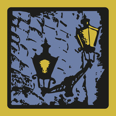 A blue, light blue, yellow and black image of an old wall with a burning lantern that casts a beautiful shadow in the evening for a set of square greeting or invitation cards