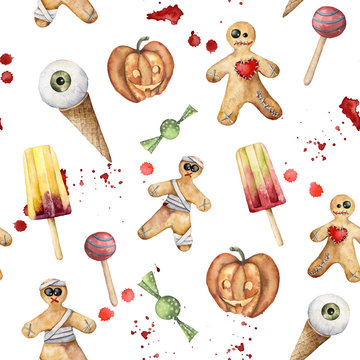 Watercolor helloween seamless pattern with desserts: cookie and ice cream. Hand painted template with candy and gourd isolated on white background. Holiday illustration for design, print, background.