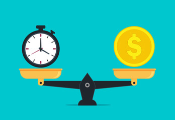 Scale balance of time is money. Value money comparison and time in flat style. Money and time balance on measure scale. Compare weight of clock and money for success business concept. vector