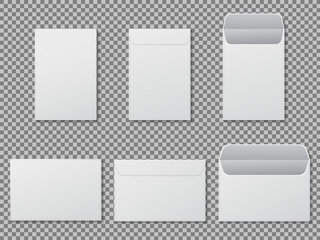 Envelope a4 mockup. Template paper letter, folder. Standard white blank letter envelopes a4 size. Open vertical and horizontal envelope letter mockup for office, mail. vector illustration