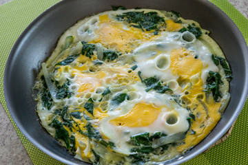 Closeup of pan with boiled eggs with spinach