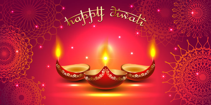 Vector banner India Diwali, Deepavali festival of lights, red background Dipavali with gold ornaments, fire glowing lamp, flashes and sparks, illustration.