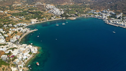 Obraz premium Aerial drone photo of iconic port and picturesque village of Katapola in island of Amorgos, Cyclades, Greece