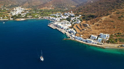 Aerial drone photo of iconic port and picturesque village of Katapola in island of Amorgos, Cyclades, Greece