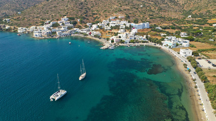 Aerial drone photo of iconic port and picturesque village of Katapola in island of Amorgos,...