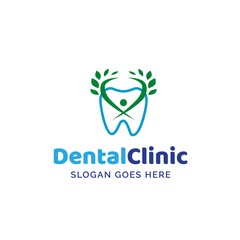 Dental clinic dentistry logo design with blue teeth and green human leaf illustration