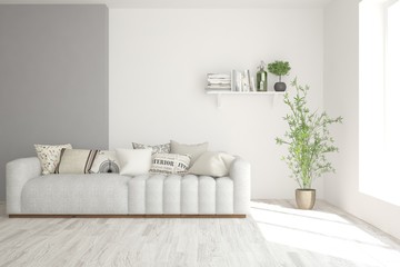 Stylish room in white color with sofa. Scandinavian interior design. 3D illustration