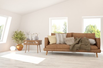 Stylish room in white color with sofa. Scandinavian interior design. 3D illustration