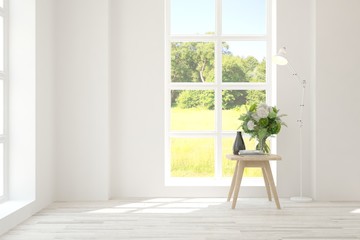 Stylish empty room in white color with summer landscape in window. Scandinavian interior design. 3D illustration