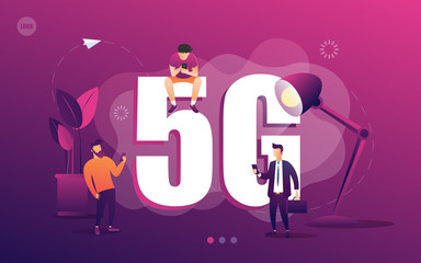 People with gadget use high-speed Internet vector illustration. 5G network wireless technology. Small man and big 5G sign. Flat cartoon style. Vector illustration