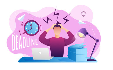 Exhausted, frustrated worker, burnout. Deadline. Work related stress concept. 