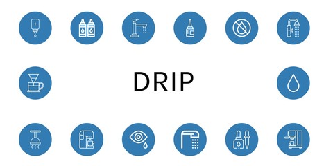 Set of drip icons such as Intravenous saline drip, Ink, Faucet, Eye drops, Shower, Coffee machine, Tear, Eyedropper, Coffee maker, Dripper, Blood drop , drip