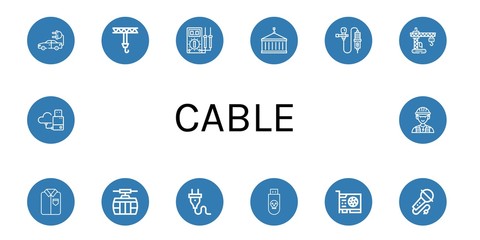 Set of cable icons such as Electric car, Crane, Multimeter, Lavalier, Ironed, Cable car, Plug, Usb, Video card, Karaoke, Flash drive, Electrician , cable