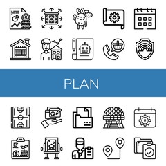 Set of plan icons such as Analytics, Calendar, Planning, Estate agent, Thinking, Plan, Blueprint, Order, Pride, Soccer field, Report, Drawing table, Curriculum, Coach, Modern architecture , plan