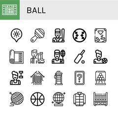 Set of ball icons such as Lotto, Holidays, Rattle, Baseball, Pinball, Yoga mat, Football player, Badminton, Cricket, Fitness, Knitting, Lifeguard chair, Card game, Candy machine , ball