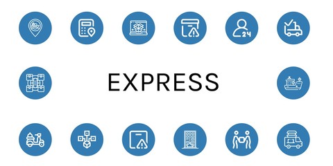Set of express icons such as Ship, Logistics, Shipping and delivery, Important delivery, hours delivery, Delivered, Distributed, Food , express